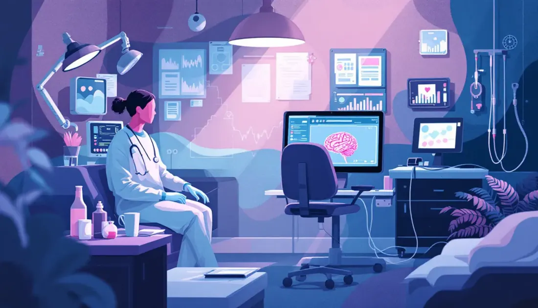 Ilustración editorial abstracta sobre investigación neurológica y atención sanitaria de tumores cerebrales
