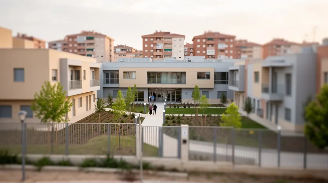Edificio residencial moderno de varias plantas rodeado de vallas metálicas
