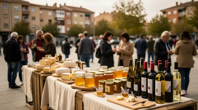 Puesto de venta de vinos y quesos en una plaza pública rodeada de edificios