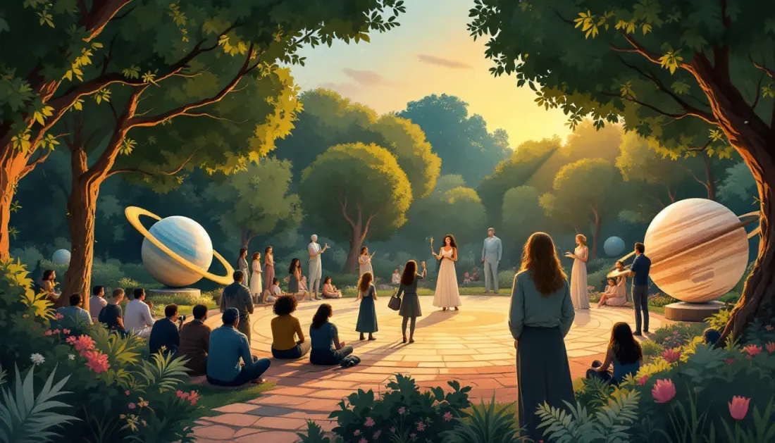Ilustración de una representación teatral al aire libre en un jardín temático durante el atardecer