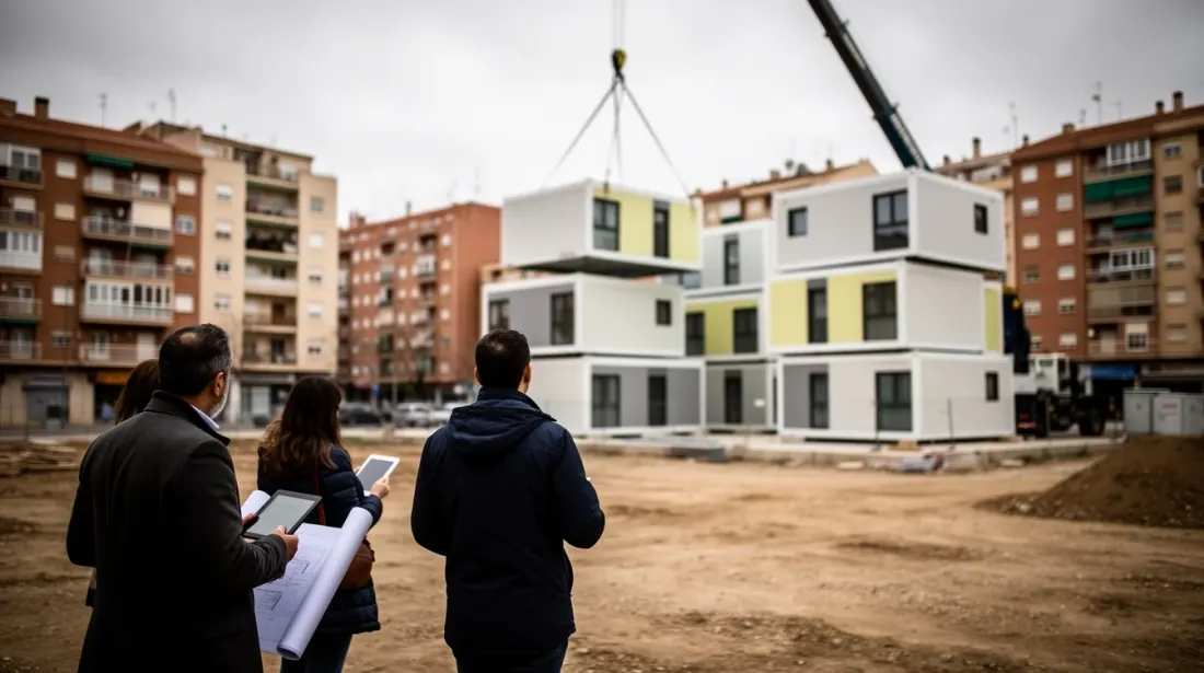 Grupo de trabajadores observa edificio modular siendo instalado en solar urbano