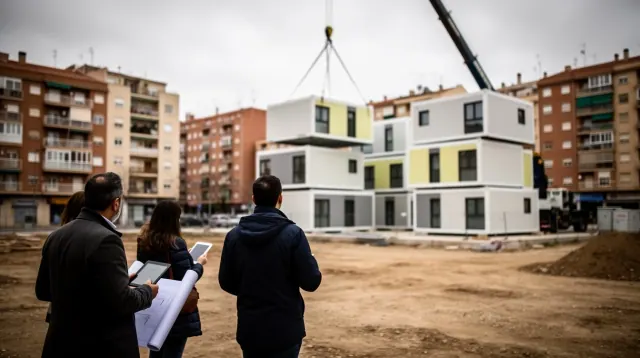 Grupo de trabajadores observa edificio modular siendo instalado en solar urbano