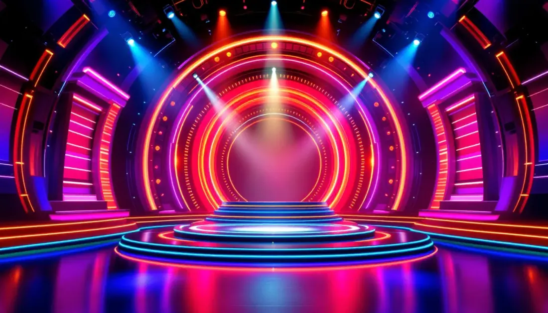 Ilustración de plató de concurso televisivo moderno con iluminación espectacular y diseño de túnel