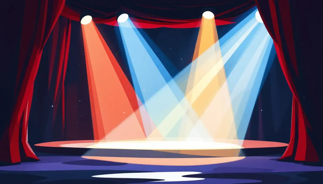 Ilustración editorial de escenario teatral con focos y telones, representación simbólica de las artes escénicas