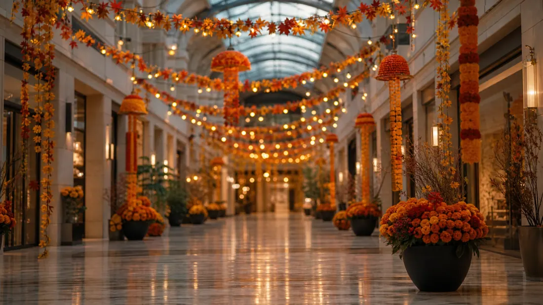 Galería interior decorada con guirnaldas de flores naranjas y luces cálidas