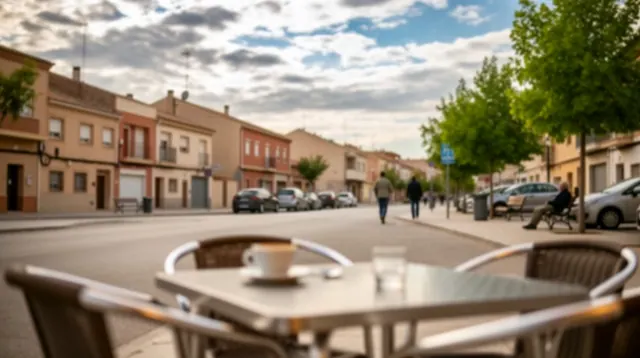 Terraza con mesas en primer plano en una plaza de pueblo con edificios históricos