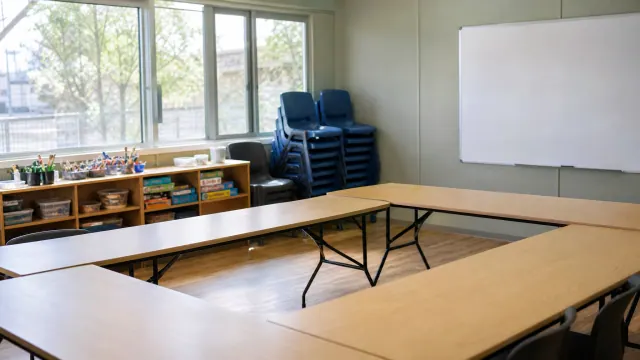 Aula vacía con mesas de trabajo, sillas apiladas y pizarra blanca