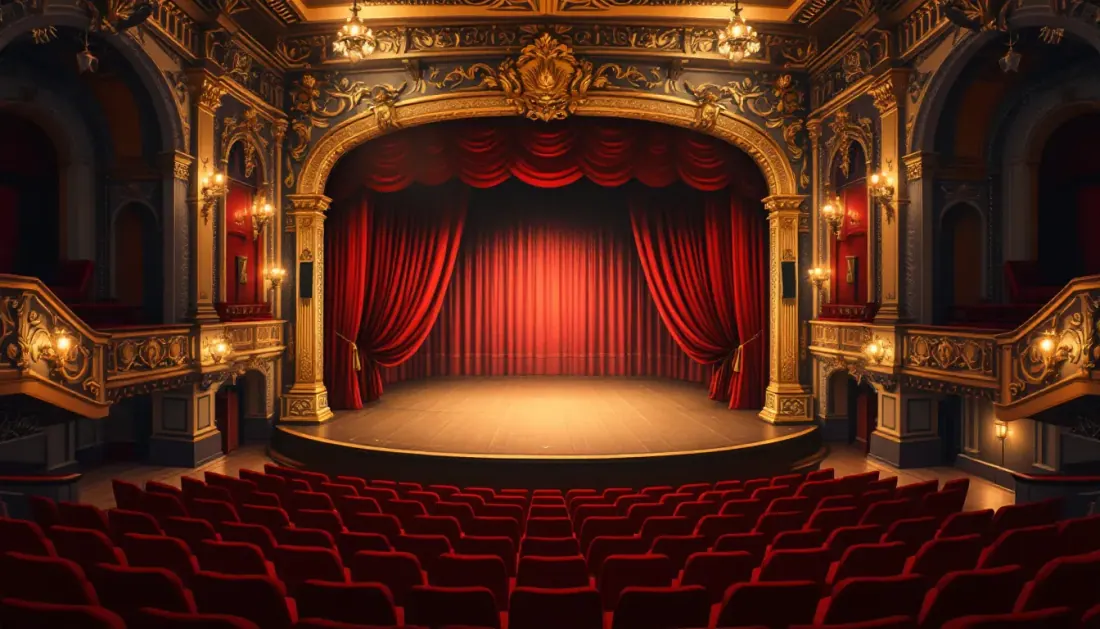 Ilustración de un teatro histórico de estilo barroco con escenario y cortinajes