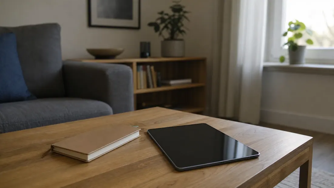 Tablet y libreta sobre una mesa de madera en un salón con sillón gris
