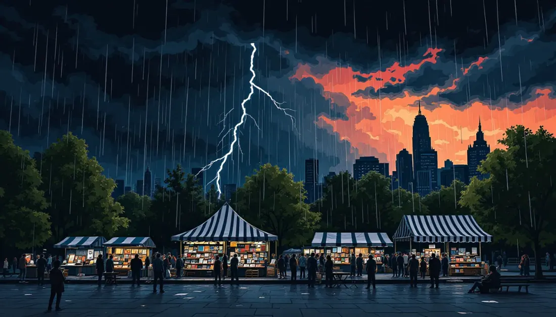 Tormenta amenazando un recinto al aire libre con casetas de libros en un parque