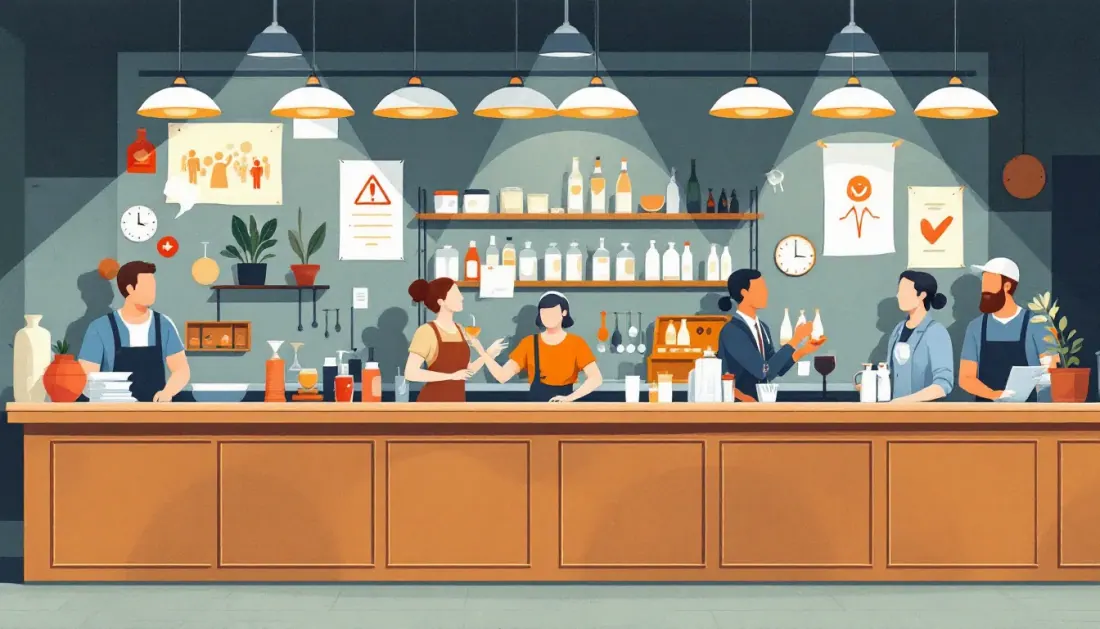Ilustración editorial sobre incapacidad laboral en el sector hostelero