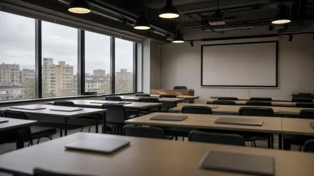 Aula de formación con mesas, sillas y pantalla de proyección junto a ventanales