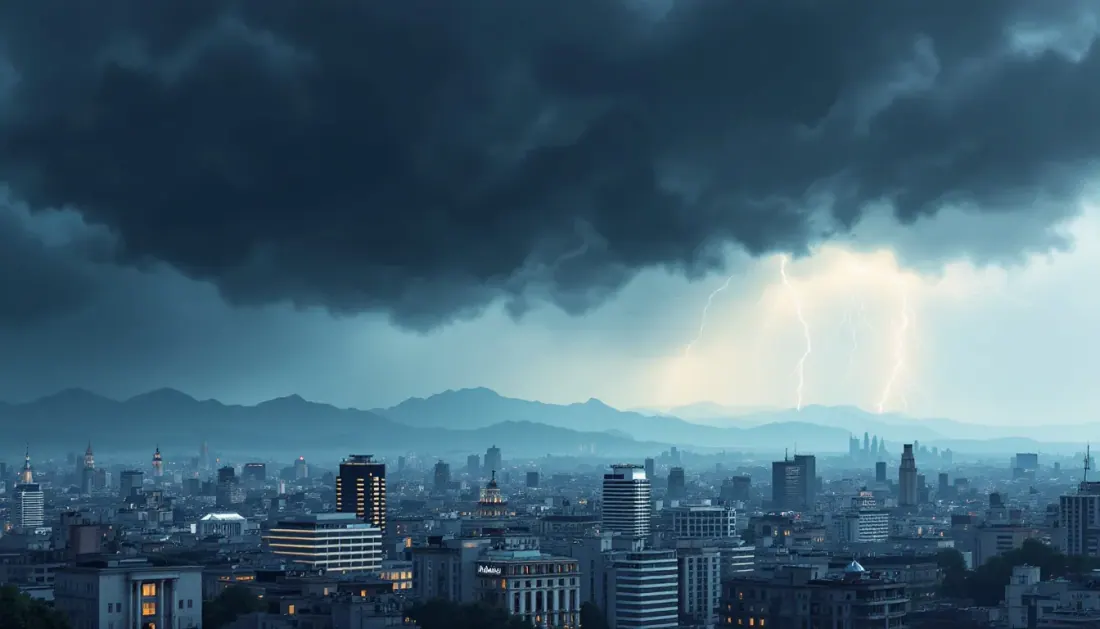 Ilustración editorial de nubes tormentosas sobre el horizonte de Madrid