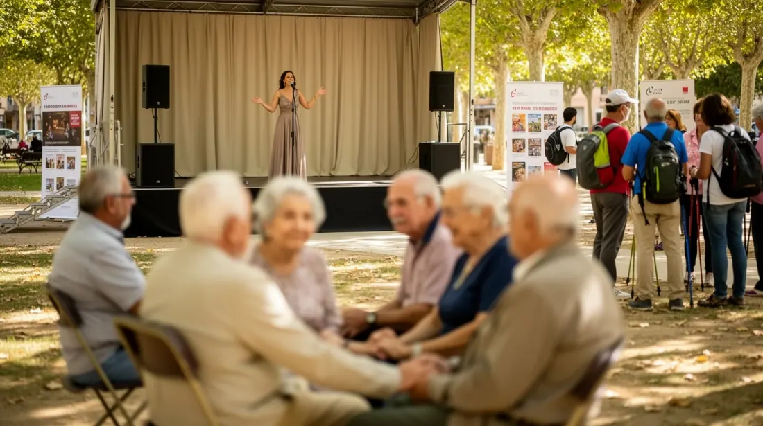 Una artista actúa en un escenario al aire libre mientras un público observa