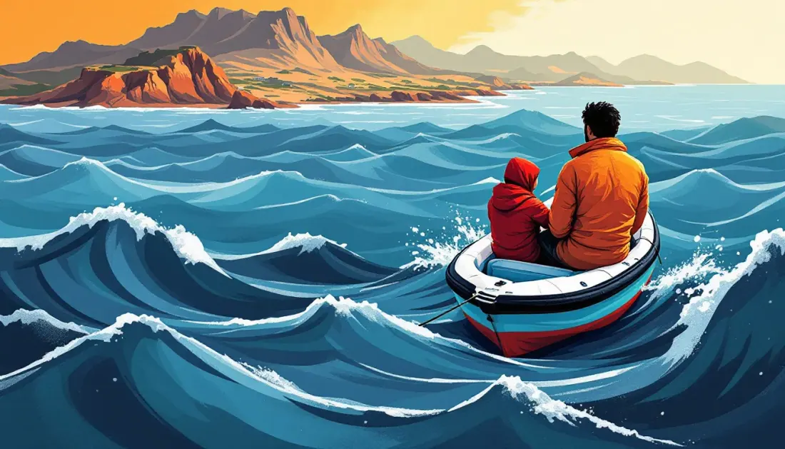 Ilustración editorial abstracta sobre la llegada de migrantes a las costas