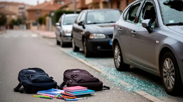 Mochilas y material escolar esparcidos en una calle con coches aparcados