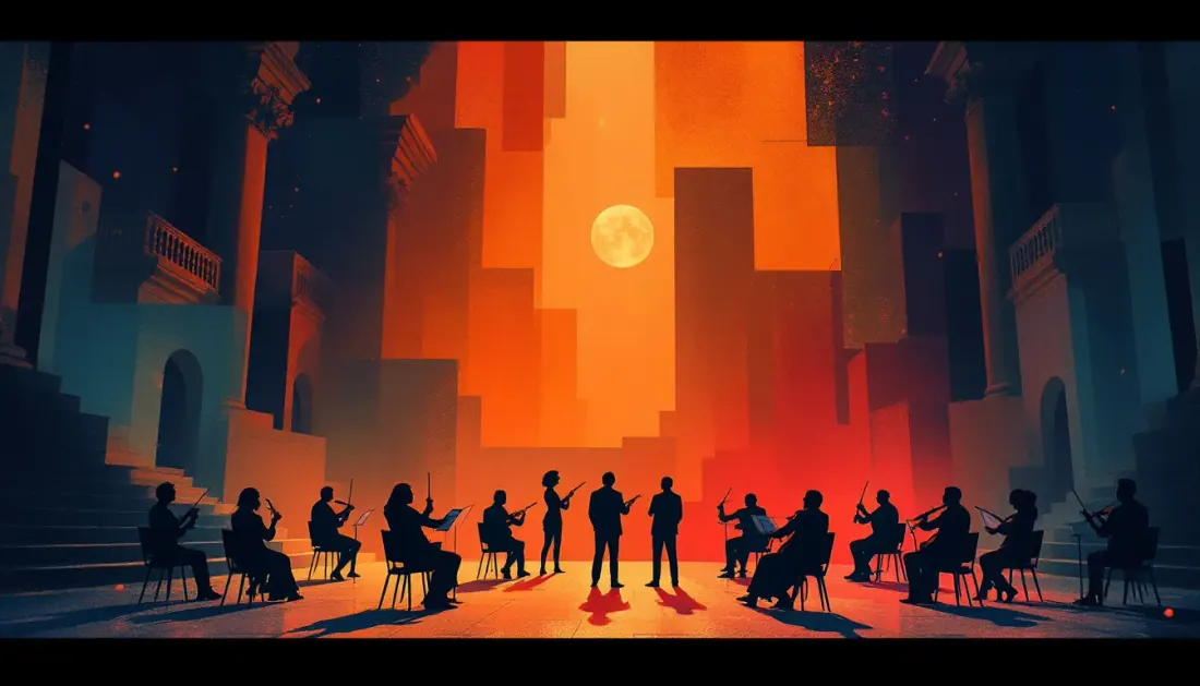 Ilustración editorial de un escenario de ópera de cámara con elementos arquitectónicos históricos