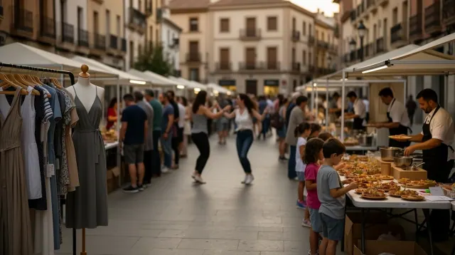 Mercado callejero en plaza urbana con puestos de ropa y alimentos