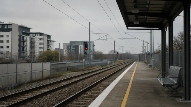 Andén vacío de estación de tren con vías y edificios residenciales al fondo