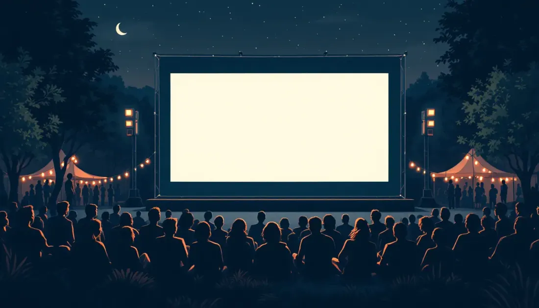 Ilustración de una proyección de cine al aire libre durante una noche de verano en un centro cultural