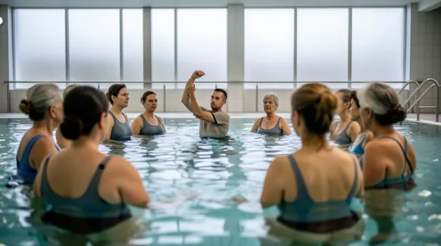 Grupo de personas en una clase de aquagym en piscina cubierta