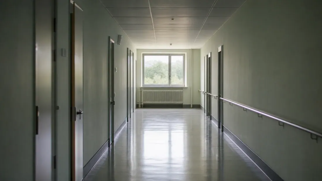 Pasillo de un centro sanitario con puertas de consulta a ambos lados