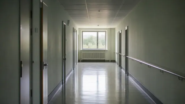 Pasillo de un centro sanitario con puertas de consulta a ambos lados