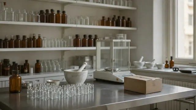 Laboratorio de farmacia con botellas de cristal en estanterías y material de trabajo