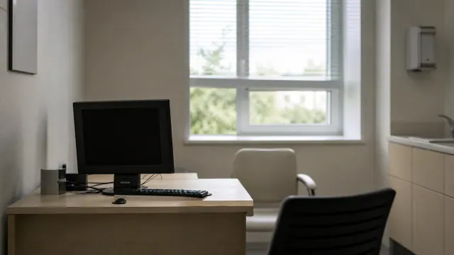 Escritorio con monitor y periféricos en una oficina con ventana