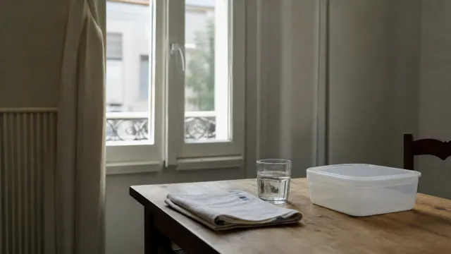 Habitación con escritorio de madera donde descansan periódicos, un vaso de agua