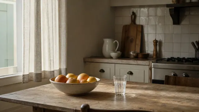 Cuenco con naranjas sobre mesa de cocina junto a ventana