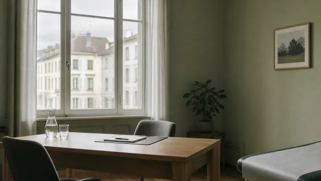 Escritorio junto a una ventana con vistas a edificios históricos de una ciudad