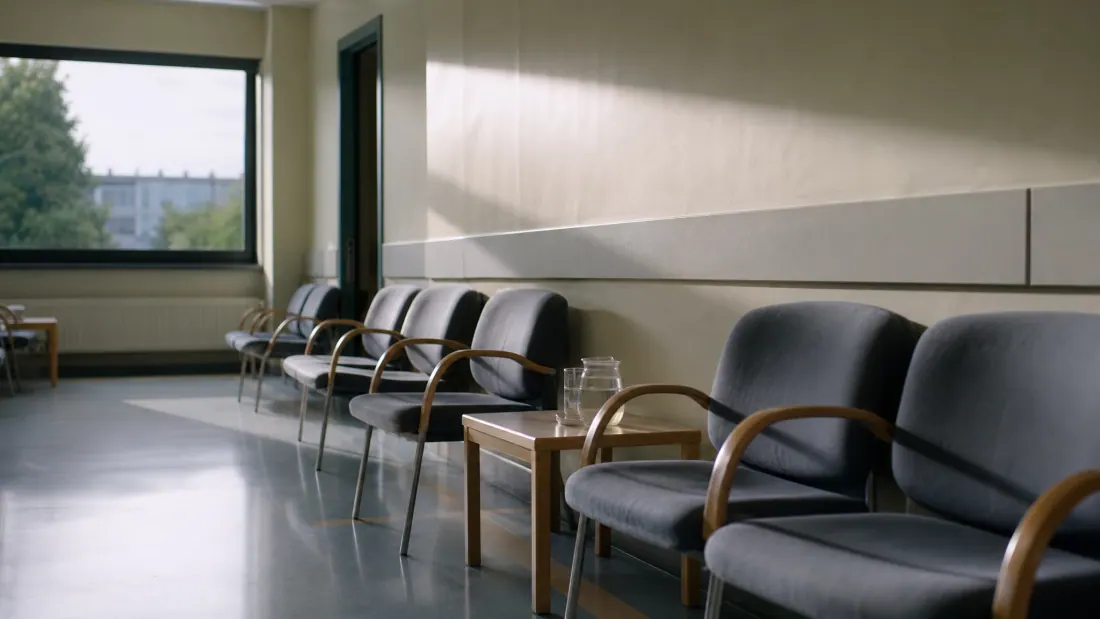 Sillas de espera con asiento de cuero negro en una sala de consultas clínica