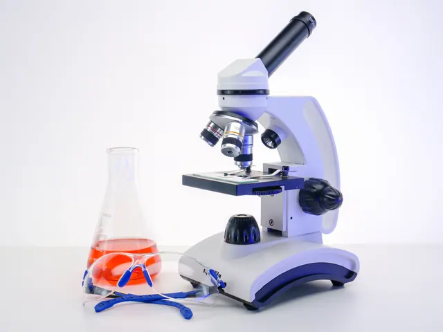 Microscopio, matraz con líquido y gafas de laboratorio sobre fondo blanco