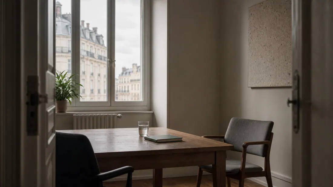 Despacho con mesa de madera, sillas y vistas a edificios parisinos desde la ventana