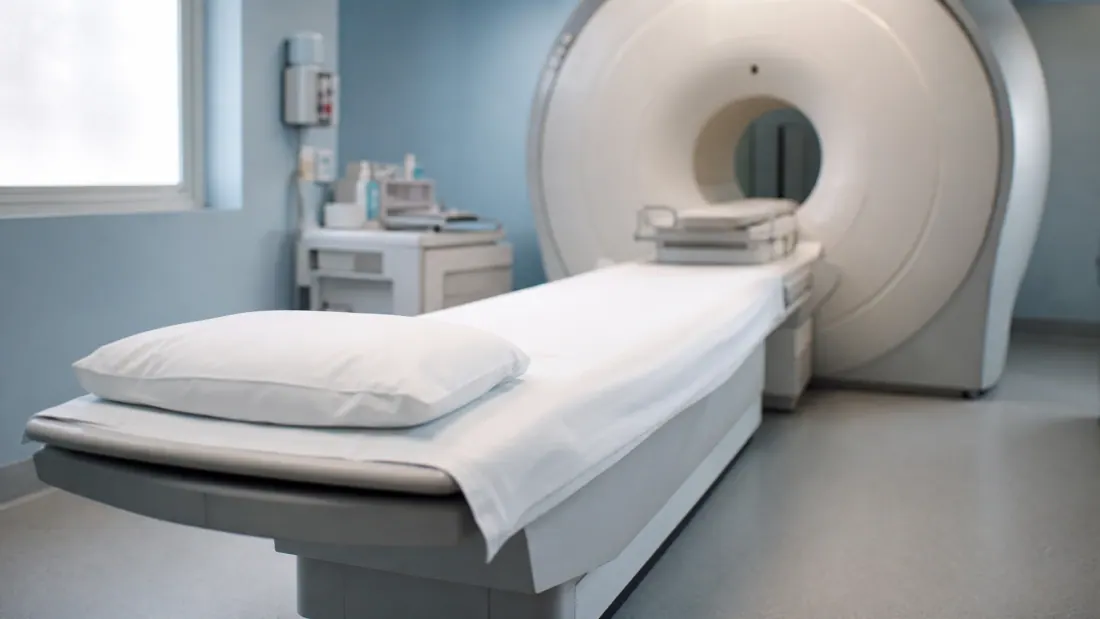 Escáner de resonancia magnética en una sala médica con camilla de exploración