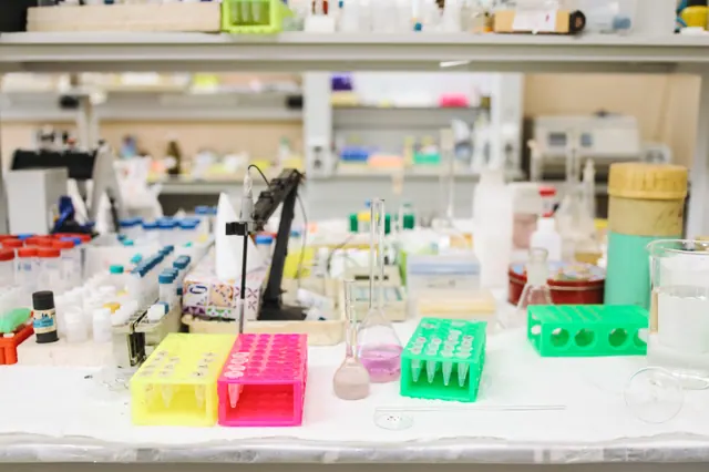 Material de laboratorio y tubos de ensayo sobre una mesa
