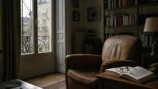 Sillón de cuero marrón junto a ventanal parisino con estanterías y lámpara de lectura