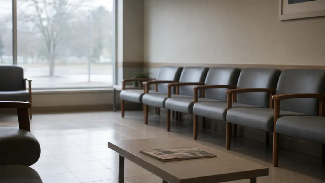 Sala de espera con sillas de cuero gris y brazos de madera junto a ventanal