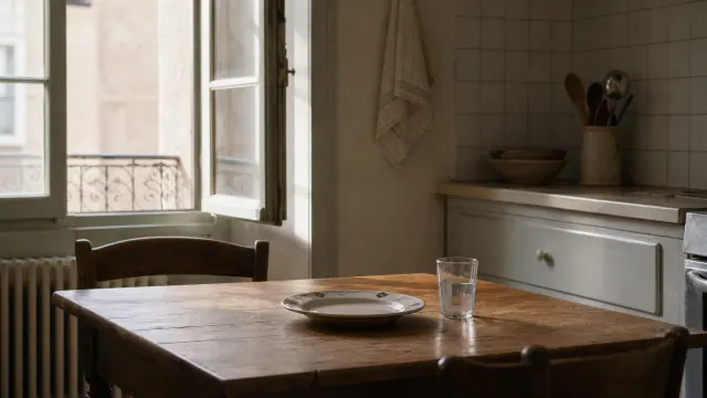Comedor con mesa de madera, silla y ventana con balcón al fondo
