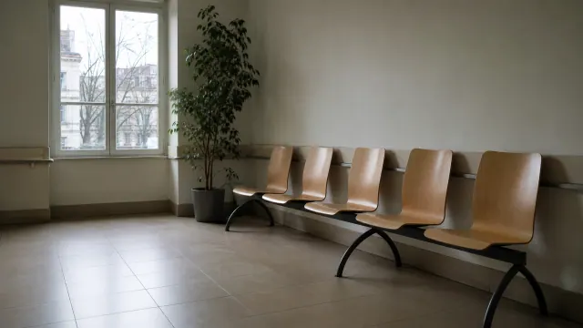 Sala de espera con varias sillas de madera alineadas junto a una ventana