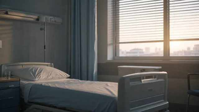 Cama de hospital junto a una ventana con vistas a la ciudad