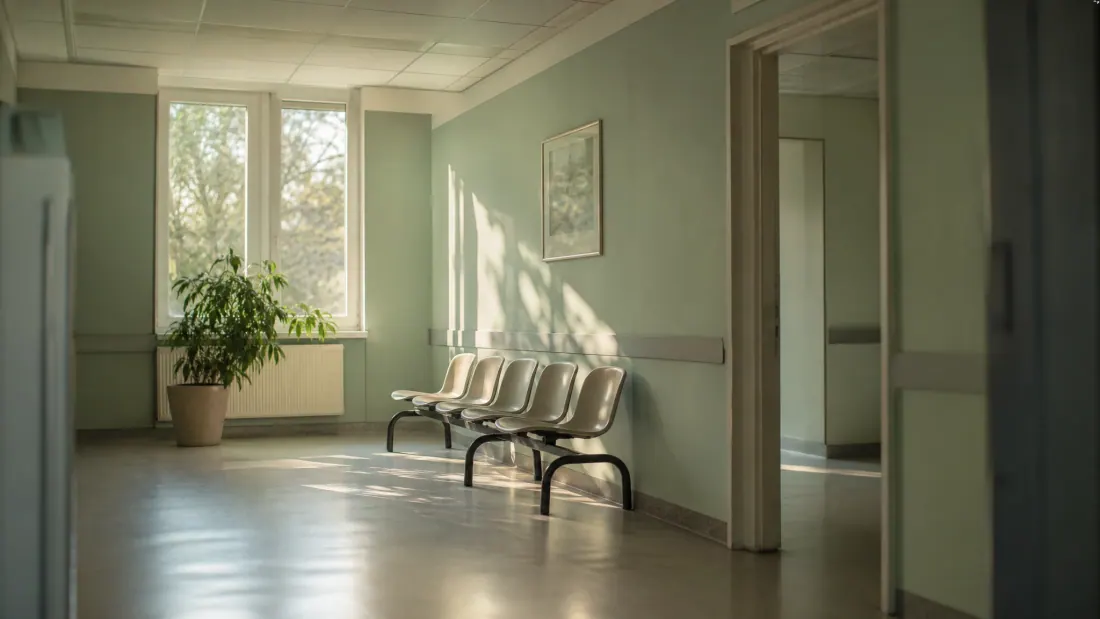 Sala de espera de una clínica u hospital con sillas metálicas y una planta junto