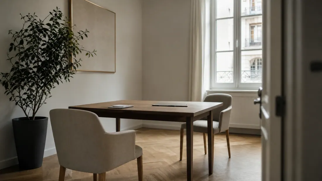 Despacho minimalista con escritorio de madera y silla tapizada junto a ventana