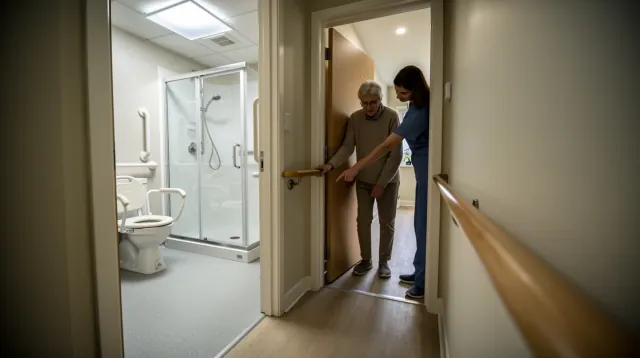 Una persona mayor y una profesional sanitaria en el pasillo de un baño accesible