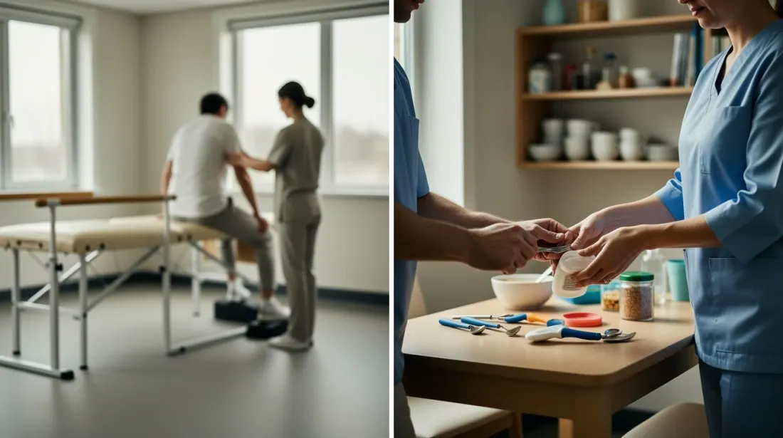 Profesional sanitario asiste a paciente en rehabilitación y detalle de actividad