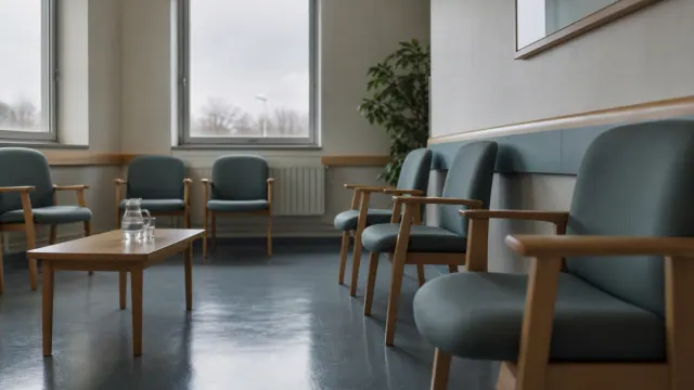 Sala de espera con sillones de madera y tapicería gris distribuidos alrededor