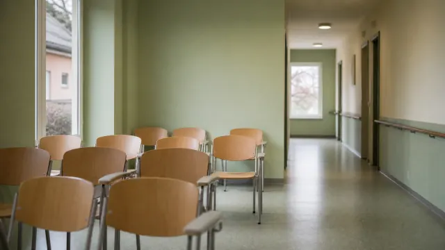 Varias sillas de madera en una sala de espera de un centro sanitario