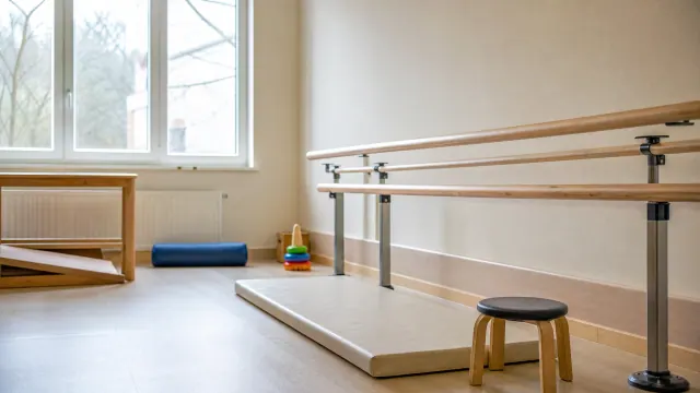Aula de danza con barra de entrenamiento, colchoneta y espejo de pared