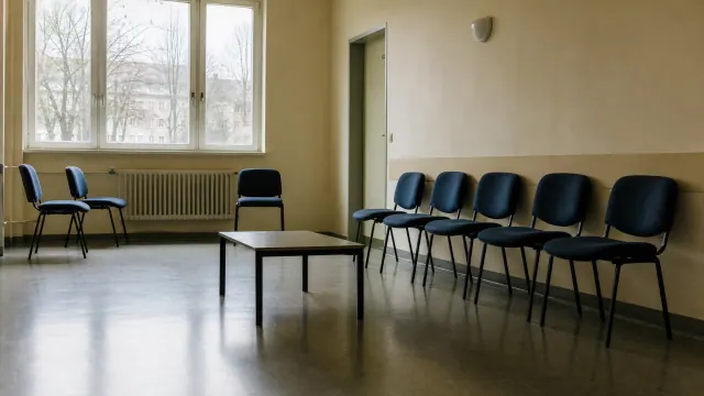 Sala de espera con sillas azules y negras alineadas junto a una mesa baja rectangular